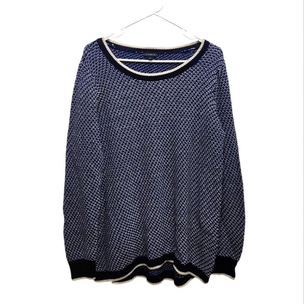Talbots XL Blue White Marled Textured Knit 100% Cotton Crewneck Pullover Sweater